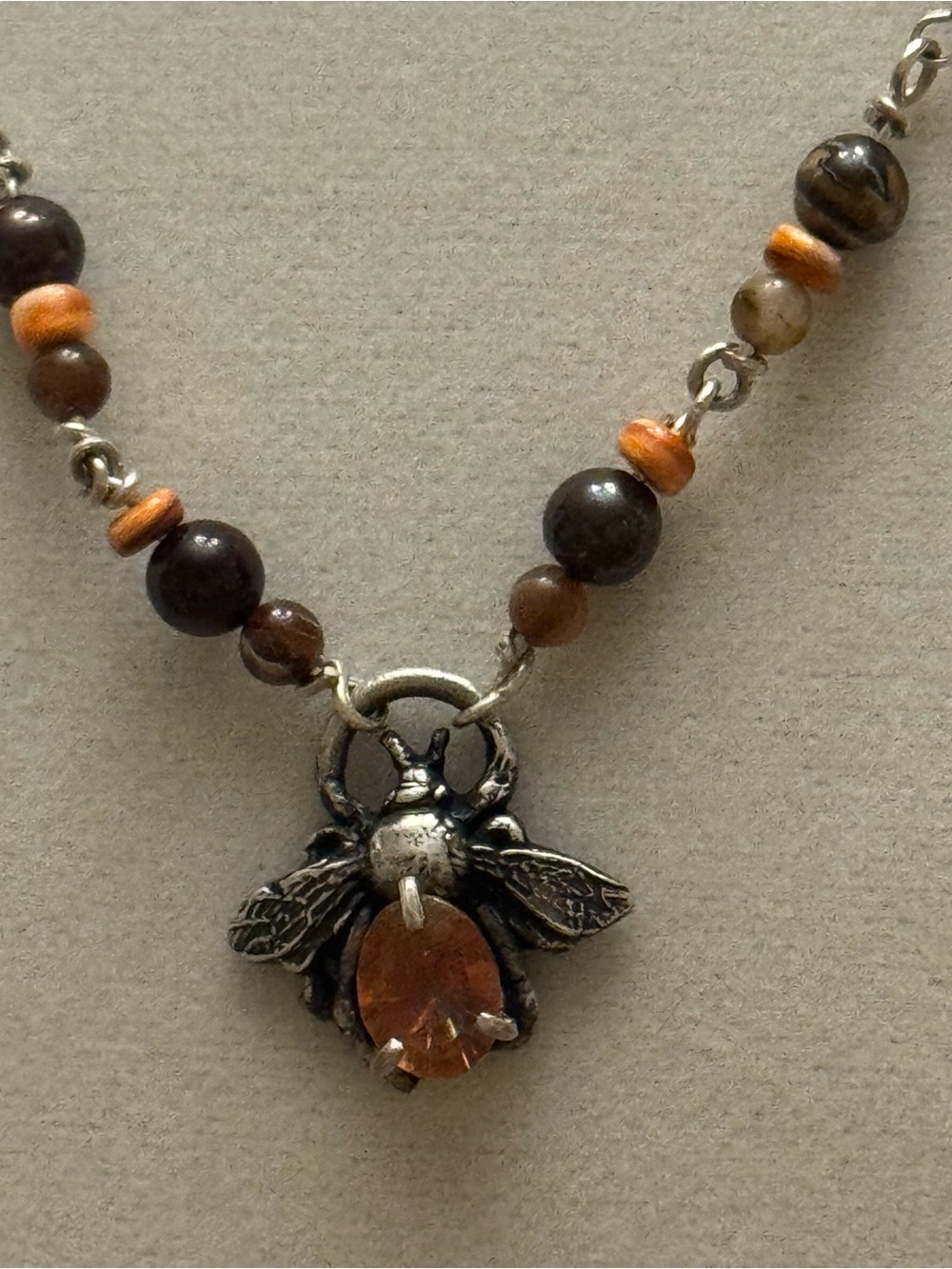 Handmade Silver Bee Pendant Necklace with gem & bead accents in Orange & Brown 🐝